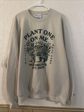 Champion Beige Crewneck with Dark Green Botanical Graphic
